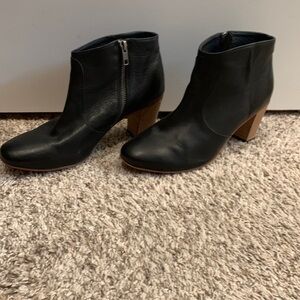 Size 8 1/2, Black Leather upper ankle boots with Brown wood heal